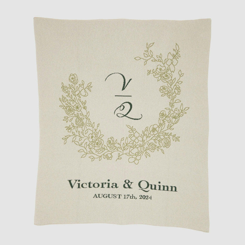 Custom Personalized Wedding Sustainable Knit Throw Blanket - Floral Crest