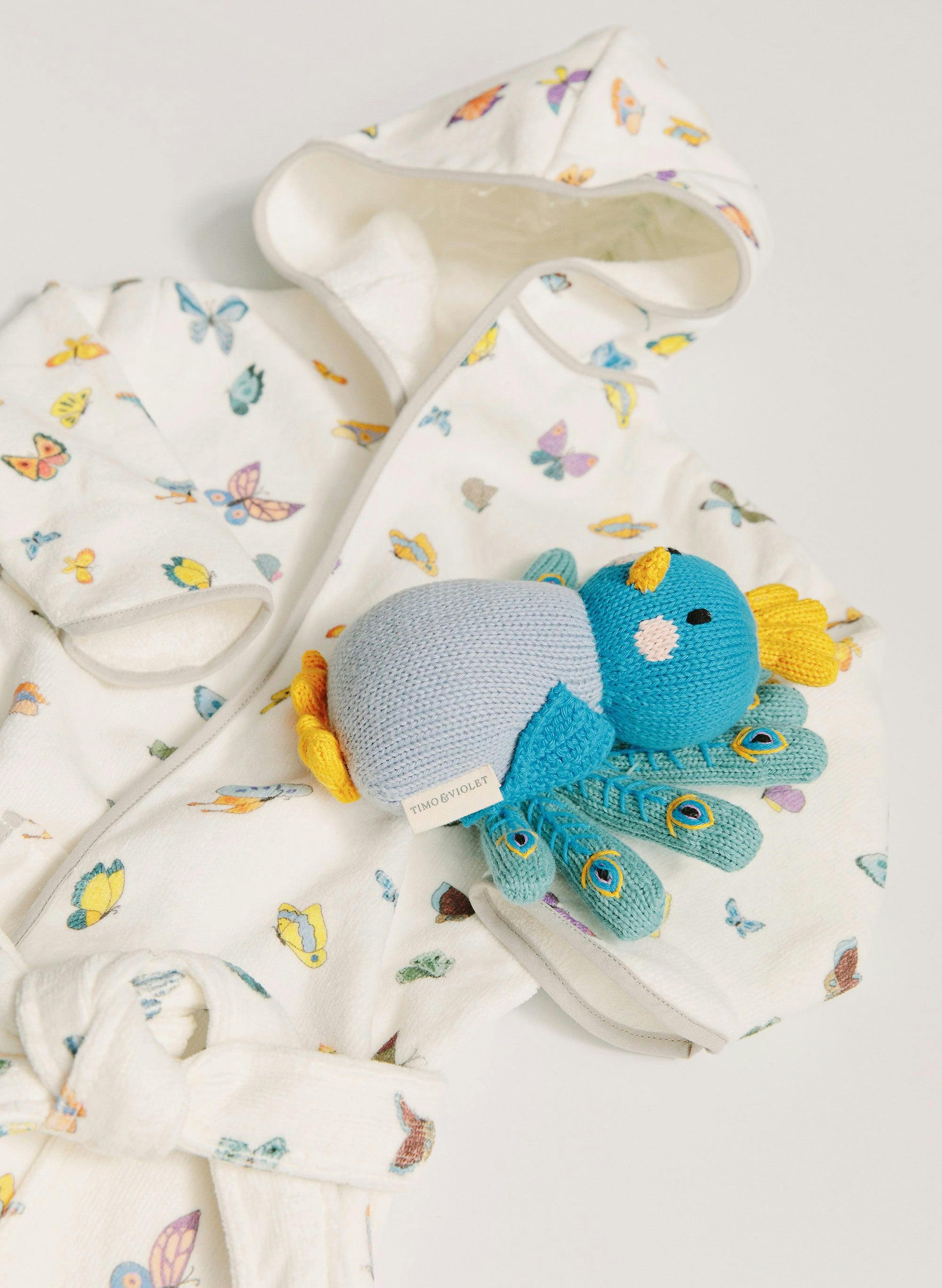 Organic Children’s Bathrobe – Madame Butterfly and Violet the Peacock - Knit Doll