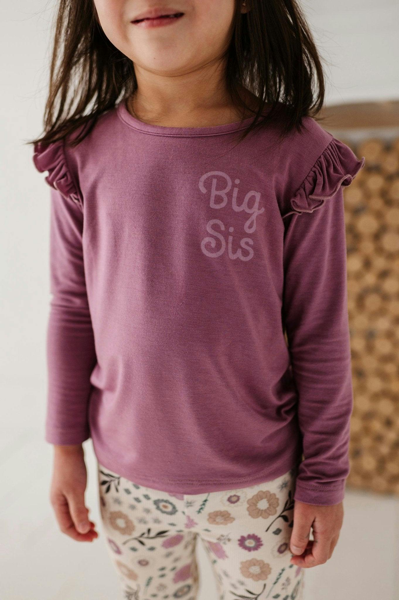 Girls Long Sleeve Ruffle Top in Big Sis in Dusky Orchid
