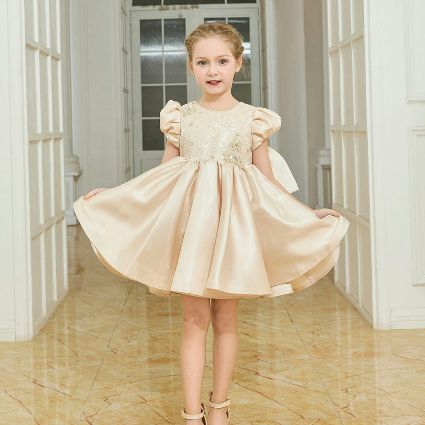 Champagne Altura Satin Bow Occasion Dress