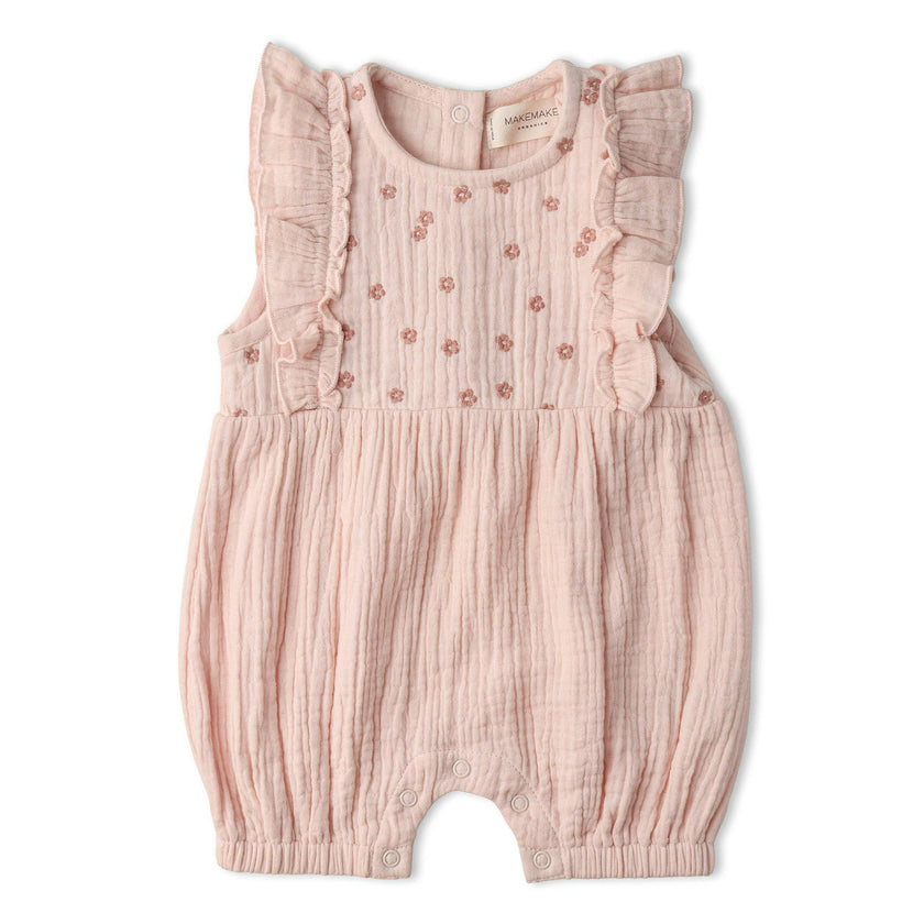 Organic Embroidered Ruffle Romper - Blush