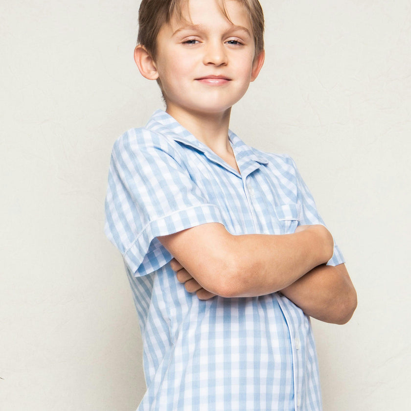 Kid's Twill Pajama Short Set in Light Blue Gingham