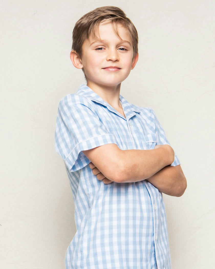 Kid's Twill Pajama Short Set in Light Blue Gingham