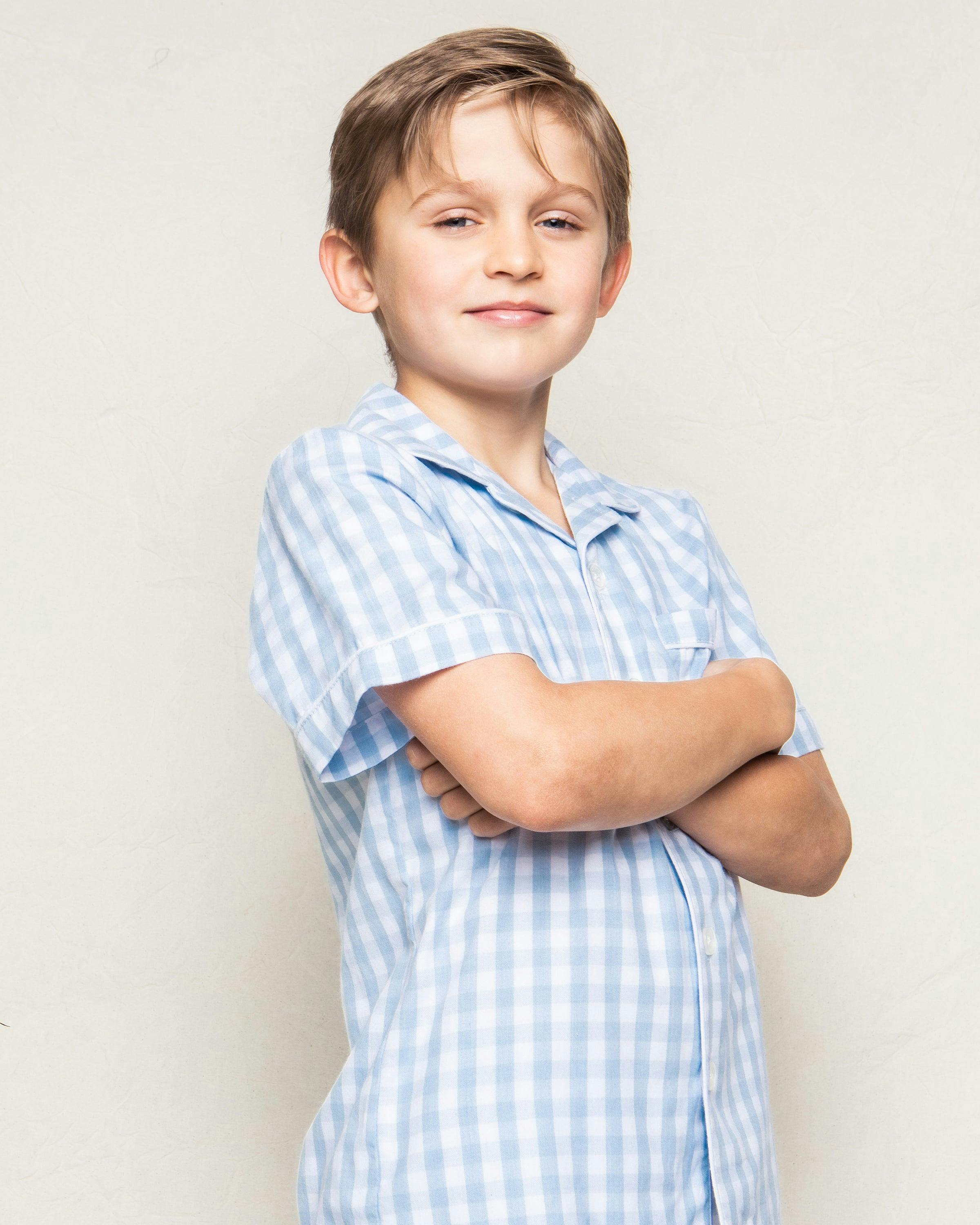 Kid's Twill Pajama Short Set in Light Blue Gingham