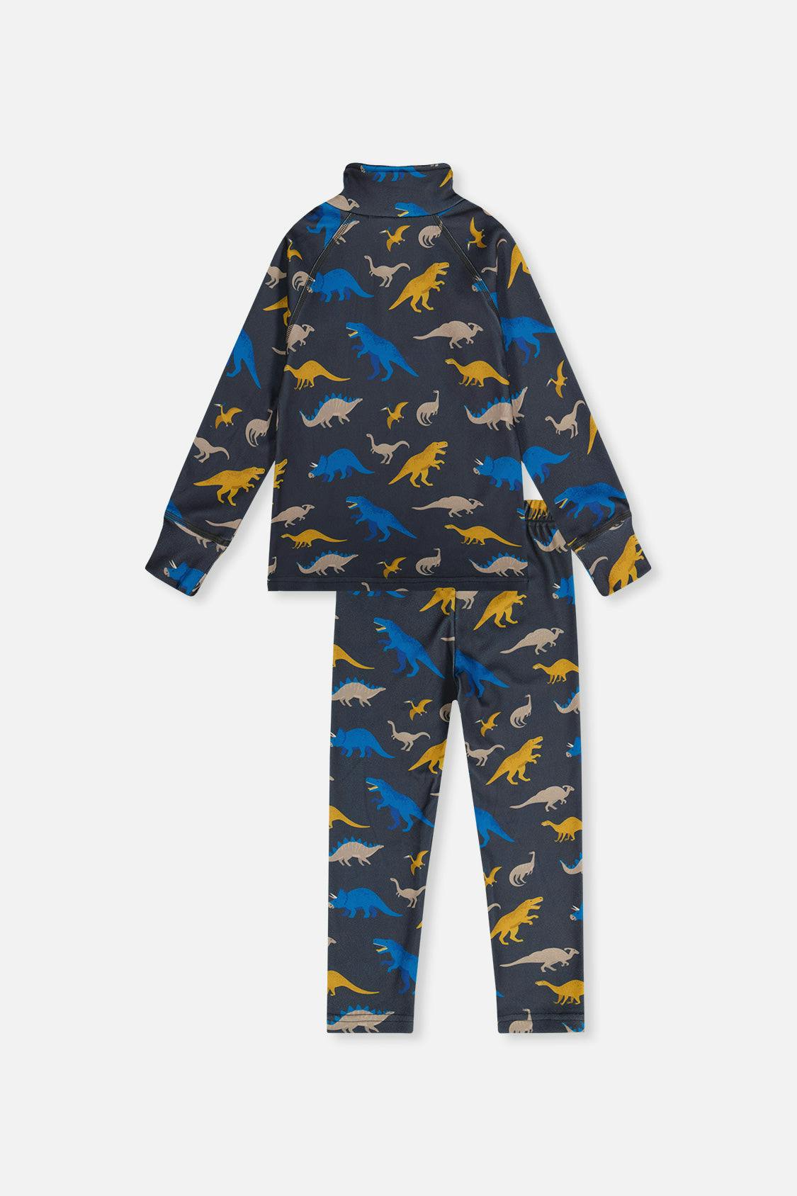 Two Piece Thermal Underwear Grey and Blue Dinosaur Print