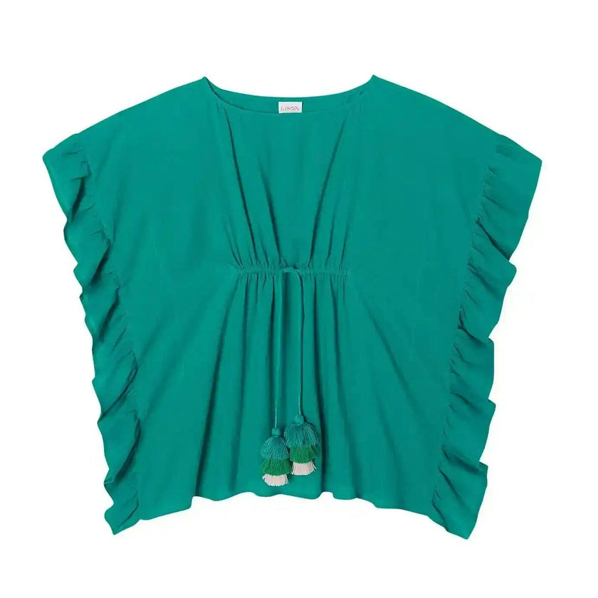 Girl's Pom-Pom Kaftan, Emerald | LEA