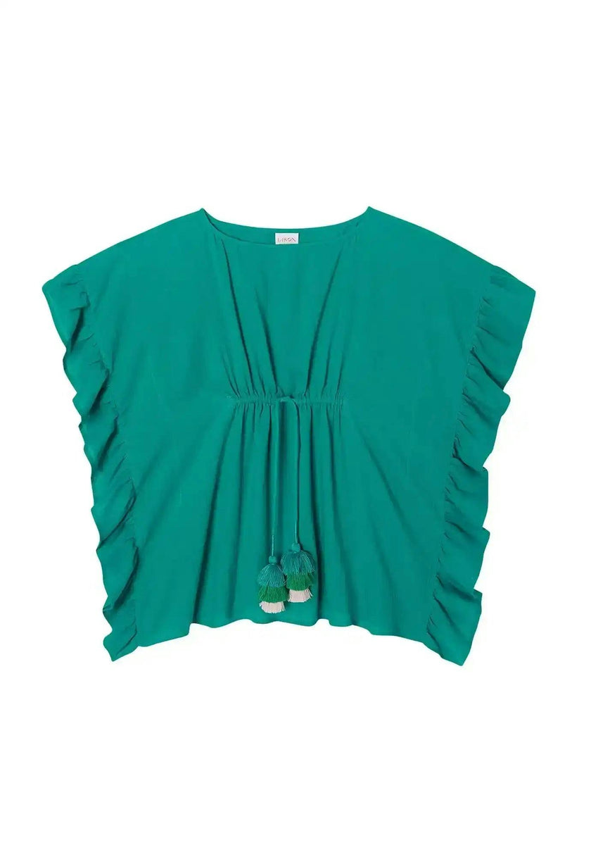 Girl's Pom-Pom Kaftan, Emerald | LEA