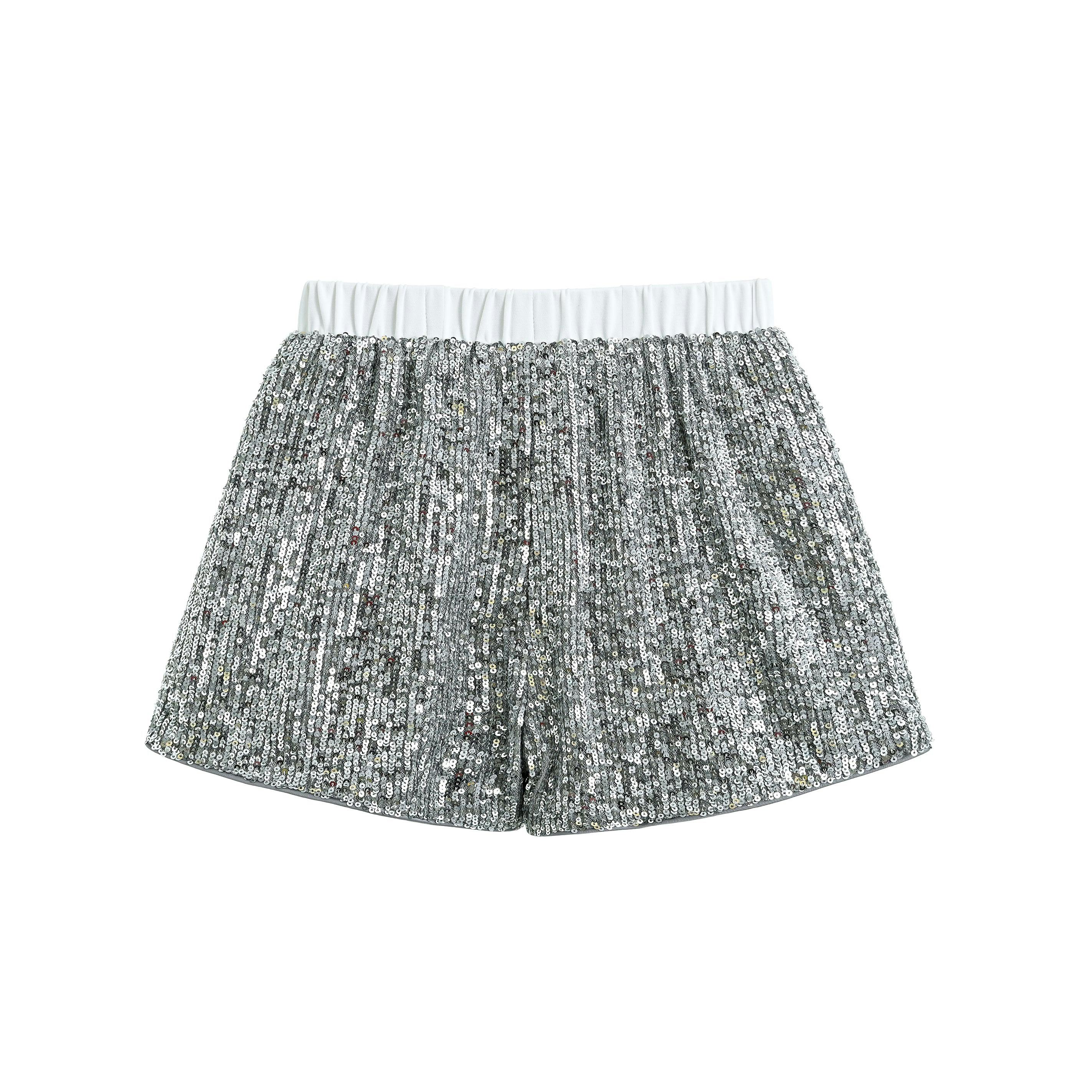 Silver Sequin Sleeveless Shorts Set