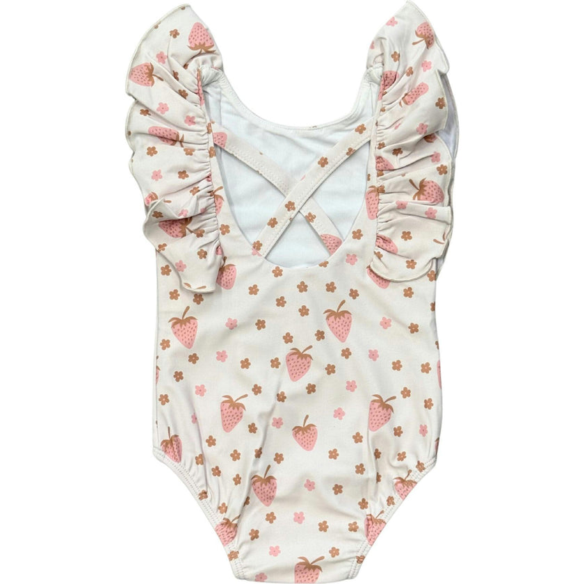 Girl's Ruffle Sleeve Cross Back Swimsuit