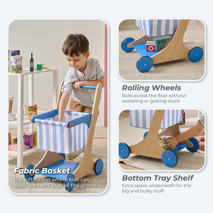 Teamson Kids Little Helper Mr. Fresh Wooden Shopping Cart with 13 Grocery Accessories