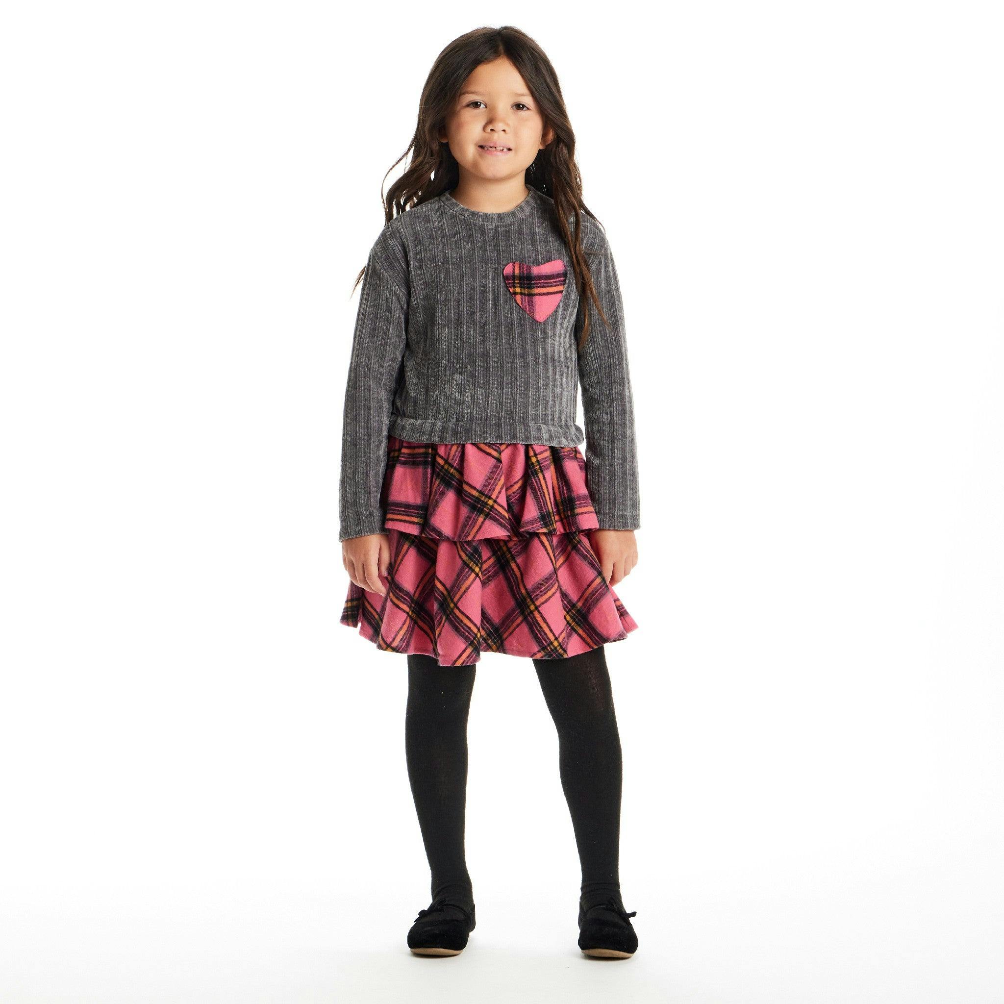 Kids Knit Top Plaid Skirt Dress