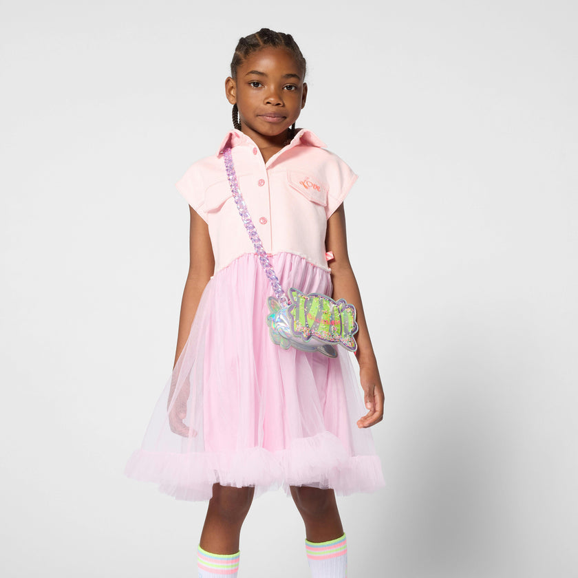 Pink Shirt-Style Kids’ Dress with Tulle Skirt