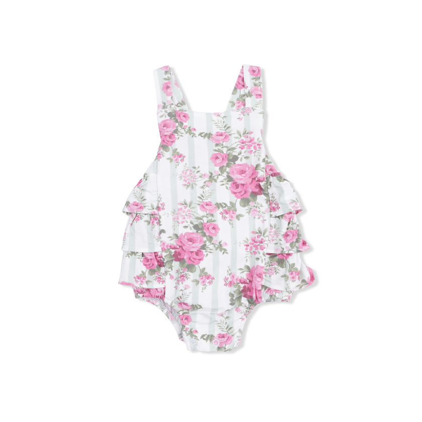 Cabbage Rose Stripe - Ruffle Sunsuit