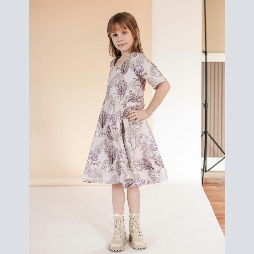 Reese Print Round Neck Elbow Sleeve Twirl Dress
