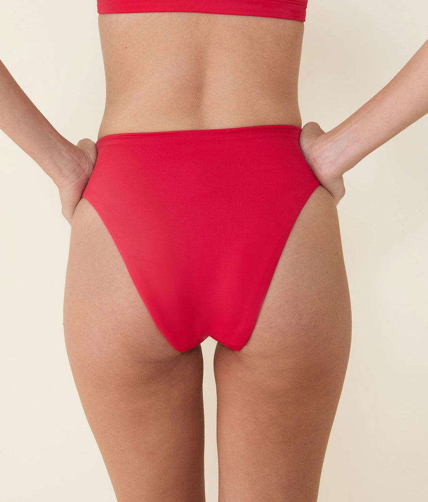 The 90s High Waist Bikini Bottom - Eco Nylon - Cherry Red