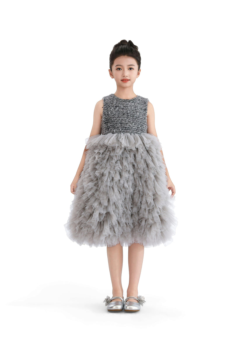 Gray Textured Bodice Tulle Gown