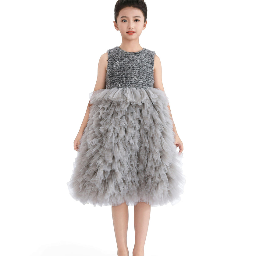 Gray Textured Bodice Tulle Gown