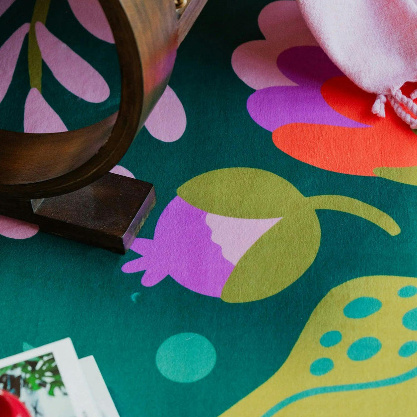 Green Base Pink Floral Wavy Rug by Jessica Miller
