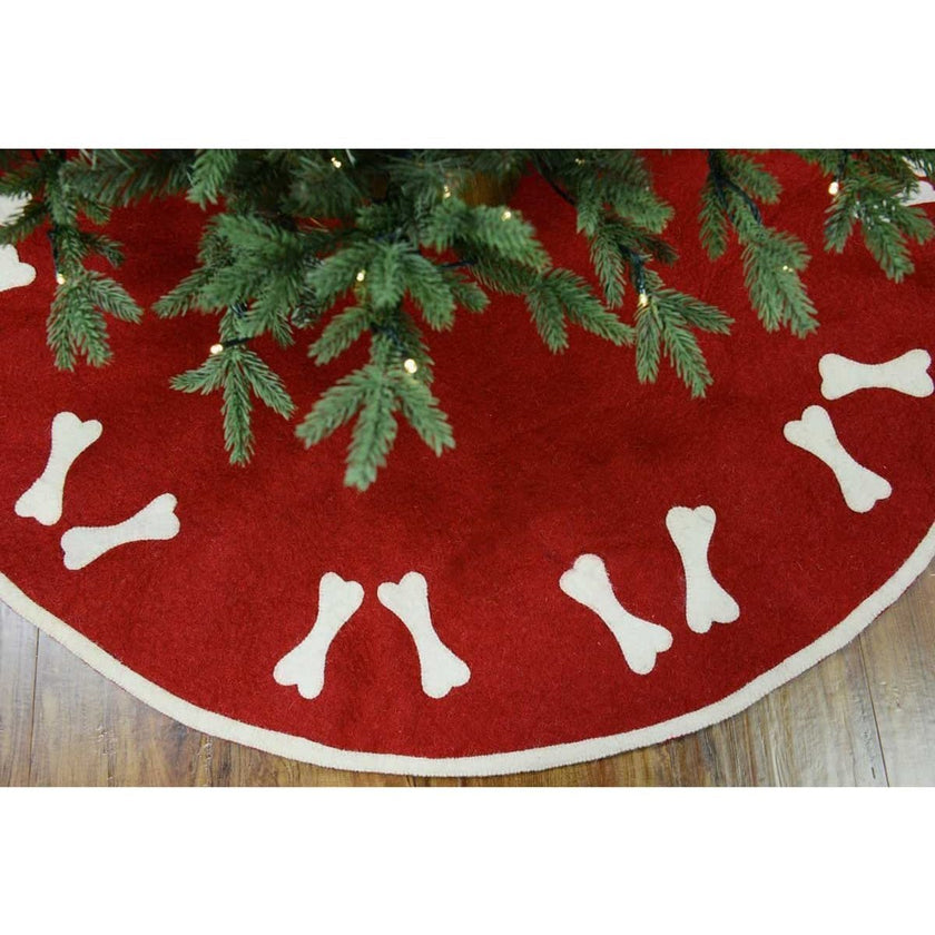 Bones on Red Christmas Tree Skirt in Hand Felted Wool