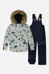 Two Piece Discover Snowsuit Grey Skiing Dinosaur Print