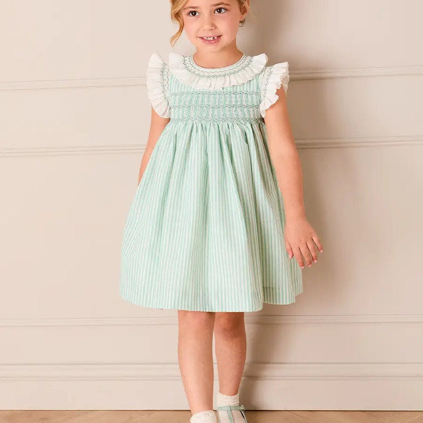 Wimbledon Stripe Hand Smocked Frill Collar Cap Sleeve Dress in Green (12mths- 10yrs)