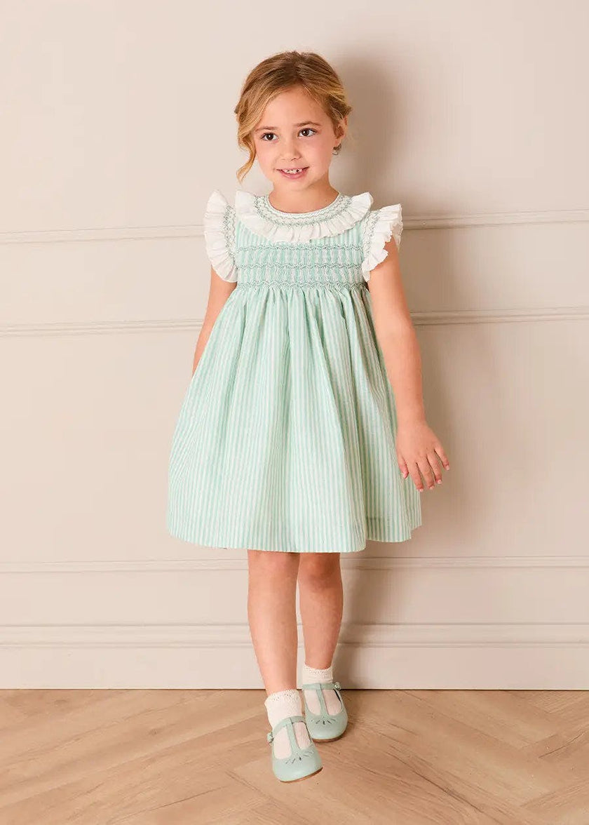 Wimbledon Stripe Hand Smocked Frill Collar Cap Sleeve Dress in Green (12mths- 10yrs)