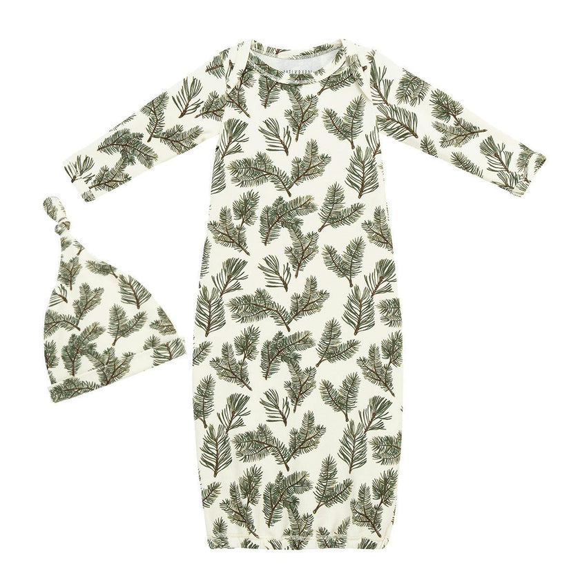 Pine Brushed Newborn Gown & Hat Set