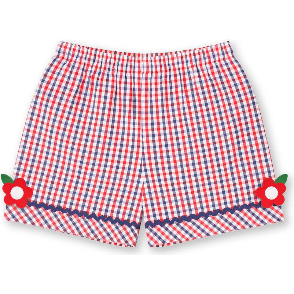 Plaid Seersucker Shorts With Ric Rac & Flowers
