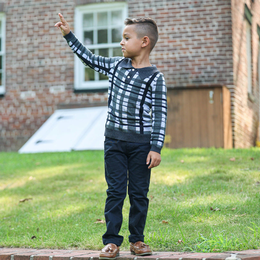Plaid Button Collared Crew Fit Sweater