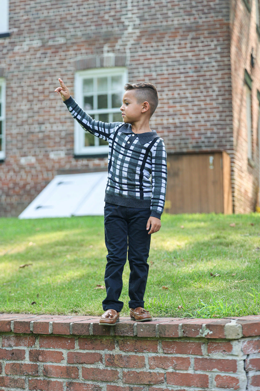 Plaid Button Collared Crew Fit Sweater