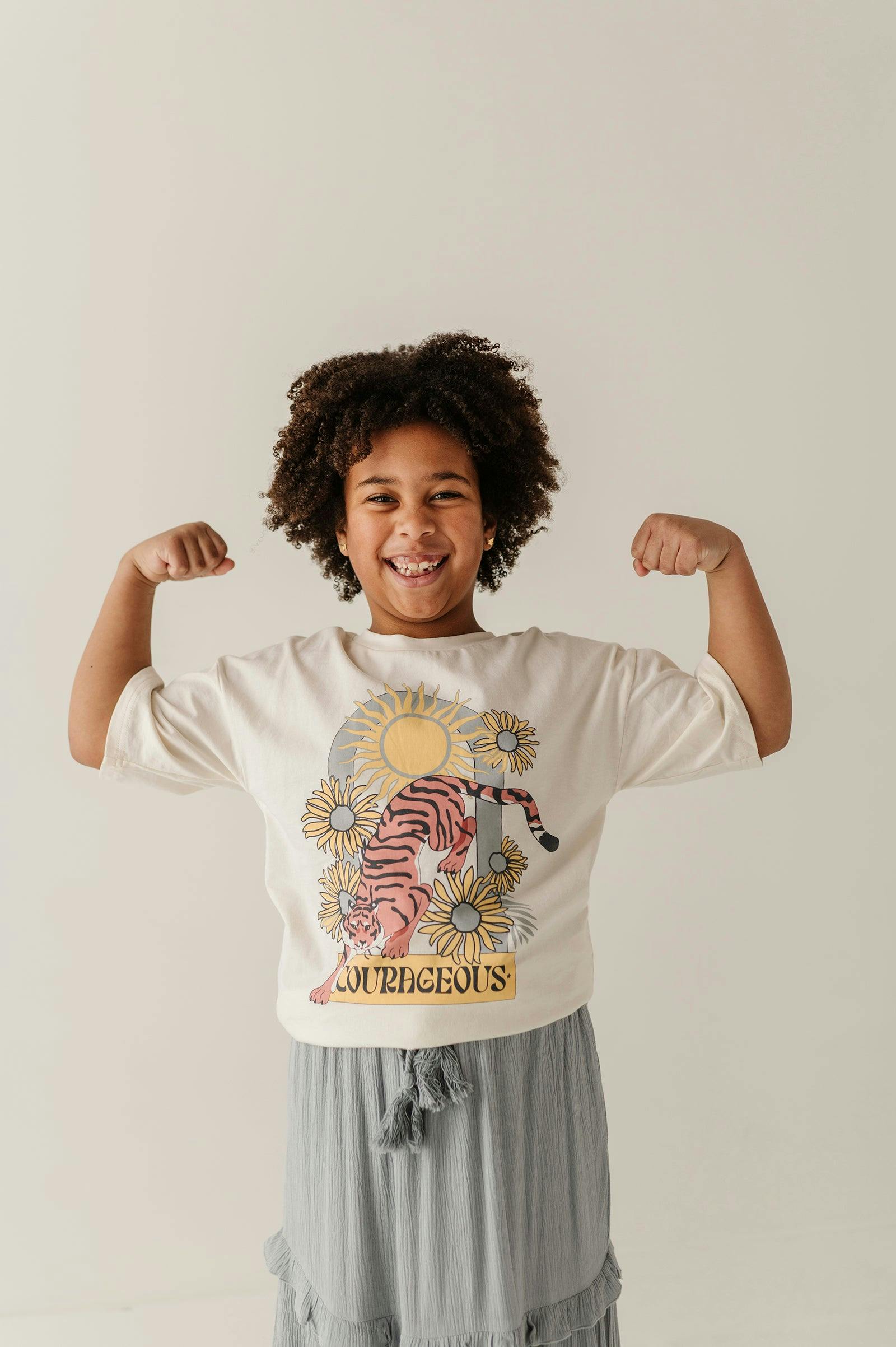 Girls Cotton Screen-Printed Tee in Courageous Tiger