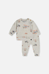 Organic Cotton Pants And Top Set Beige Printed Airplanes