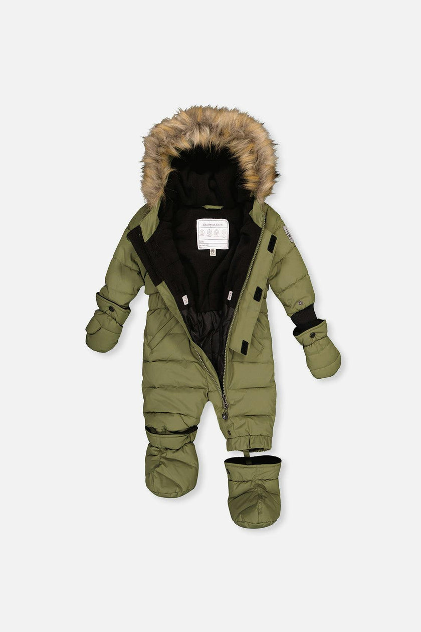 Baby Original One Piece Puffy Snowsuit With Removable Mittens And Boots Olive Green