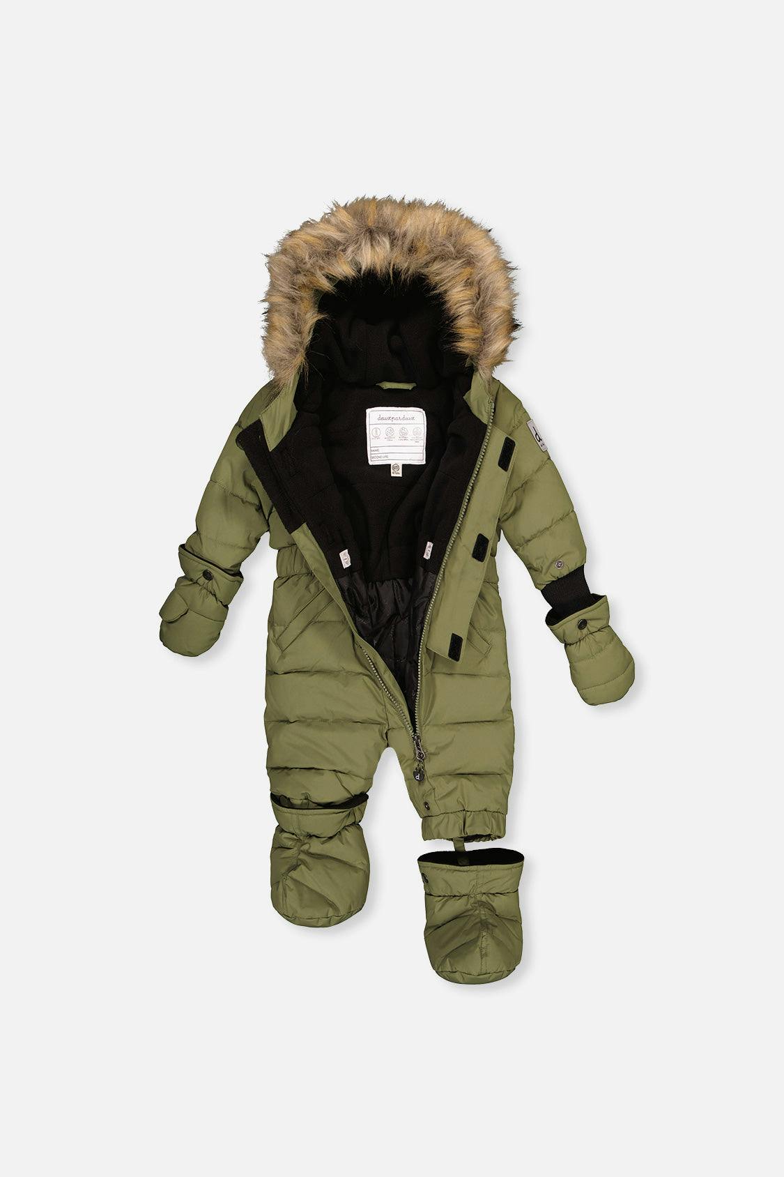 Baby Original One Piece Puffy Snowsuit With Removable Mittens And Boots Olive Green
