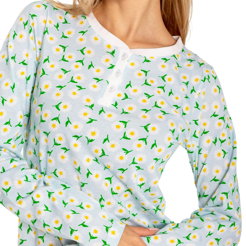 Women's Daisy Jersey Long PJ Set - Blue Organic Stretch Cotton