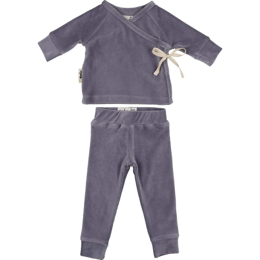 Ribbed Velour Long Sleeve Kimono Top & Pant 2-Piece Set, Blue