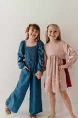 Girls Smocked Embroidery Jumpsuit in Chambray Embroidery