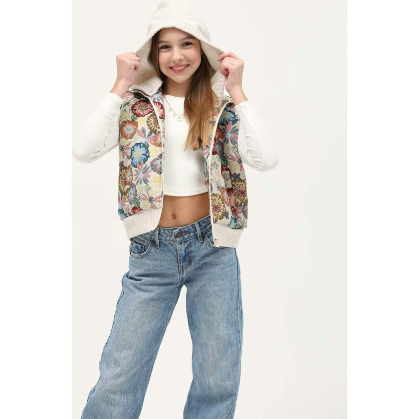 Tenly Tapestry Floral Puffer Vest Hoodie
