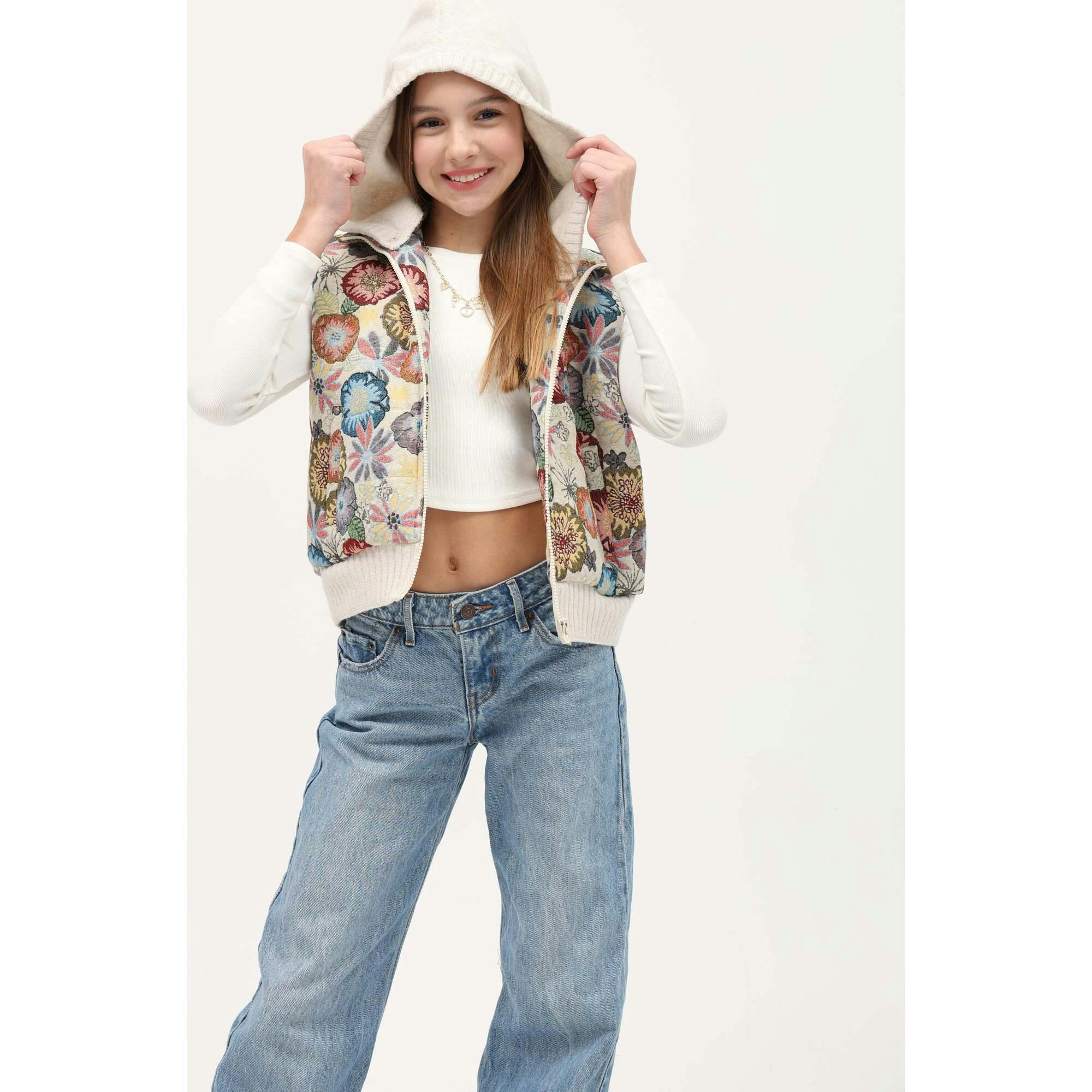 Tenly Tapestry Floral Puffer Vest Hoodie