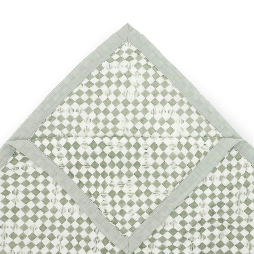 Organic Cotton Muslin Quilted Throw - Green Checker