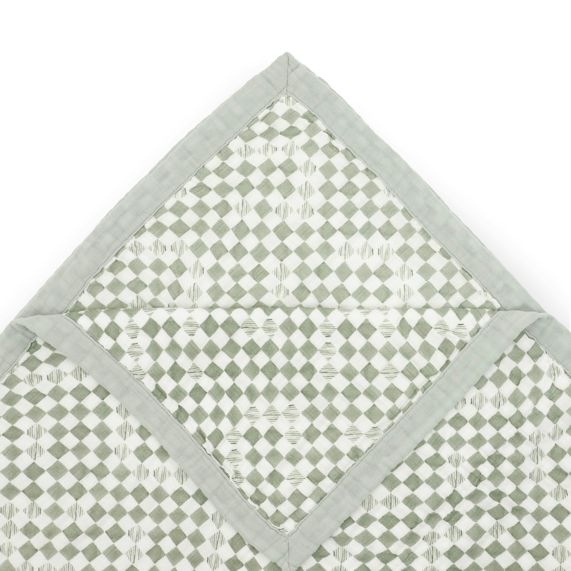 Organic Cotton Muslin Quilted Throw - Green Checker