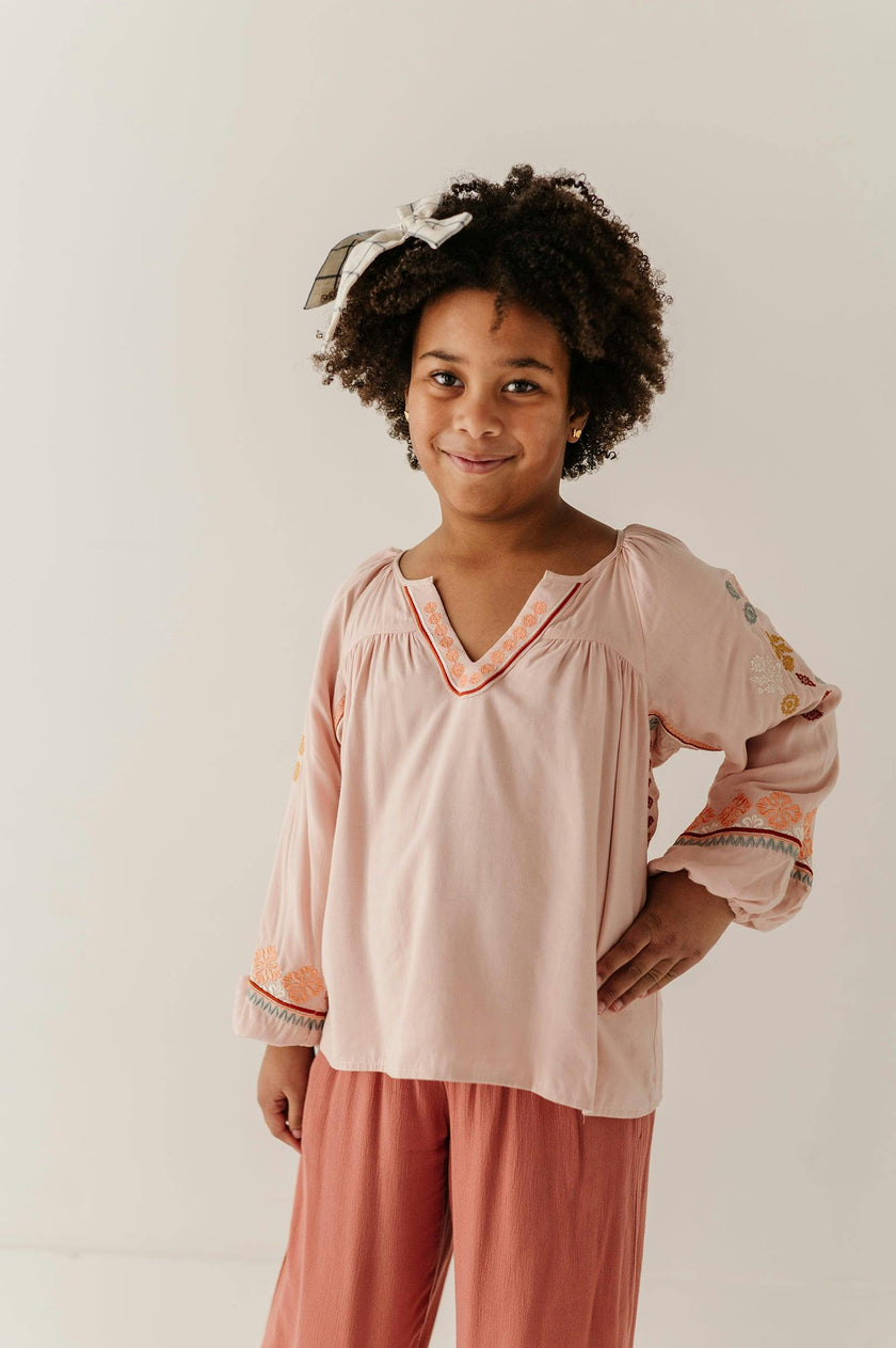 Girls Embroidery Art Peasant Top in Boho Peach Whip