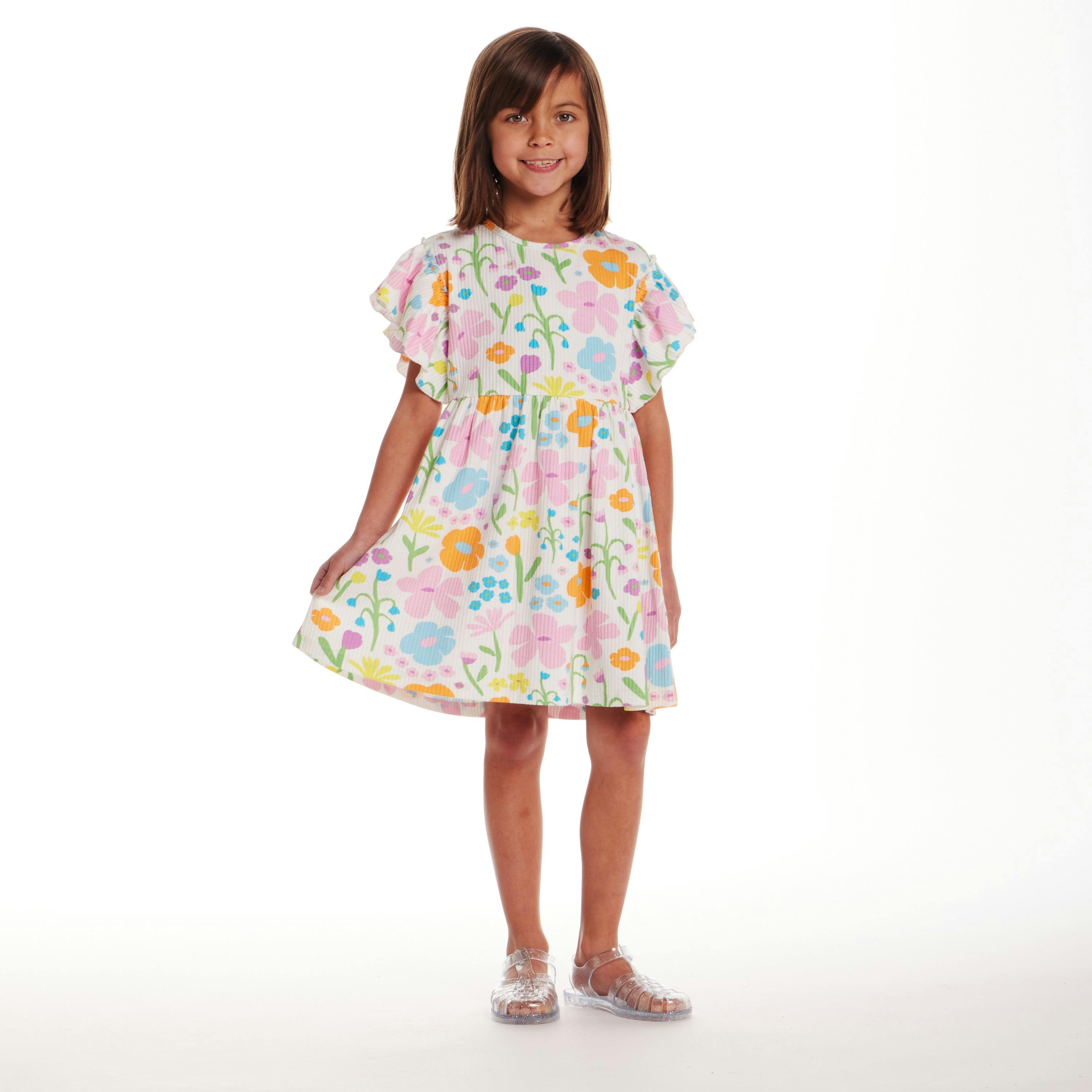 Kids White Rib Knit Dress w/ Ruffle Sleeves