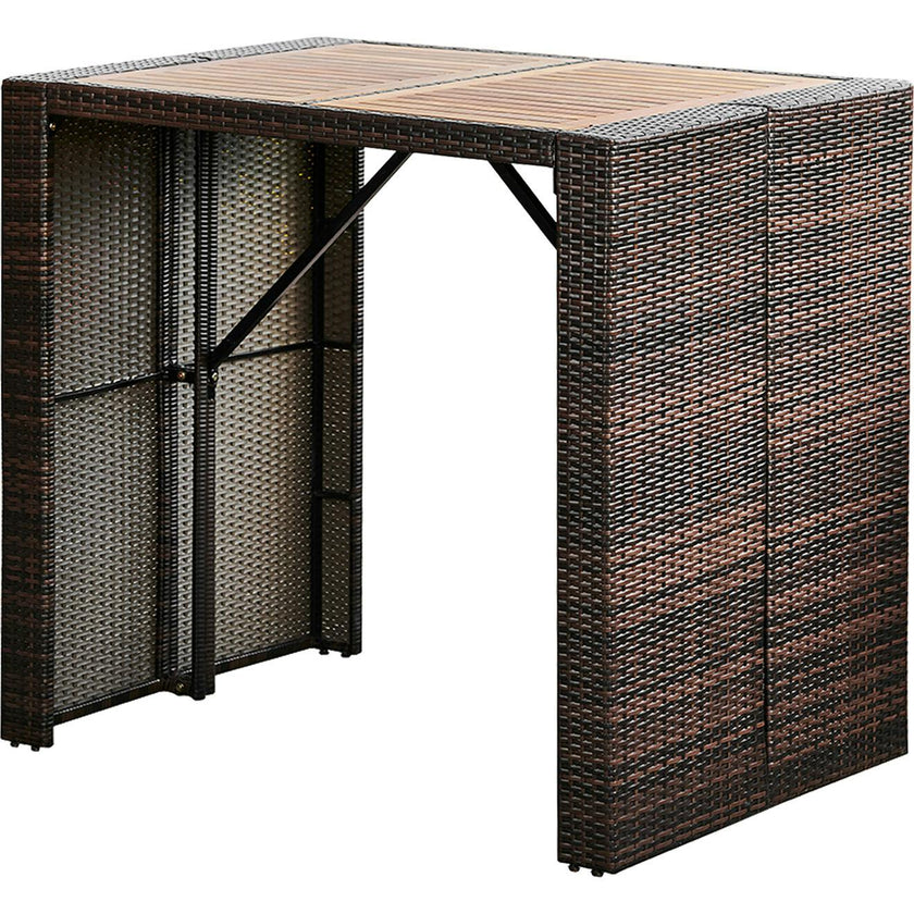 5 Piece Outdoor Bar Height Dining Set With Slat Acacia Wood Tabletop And Woven Weather Resistant Rattan With 4 Bar Stool Chairs And Cushions