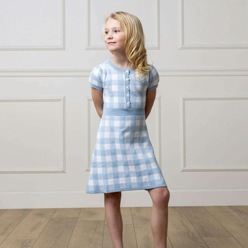 Organic Short Sleeve Button Front Sweater Dress, Blue