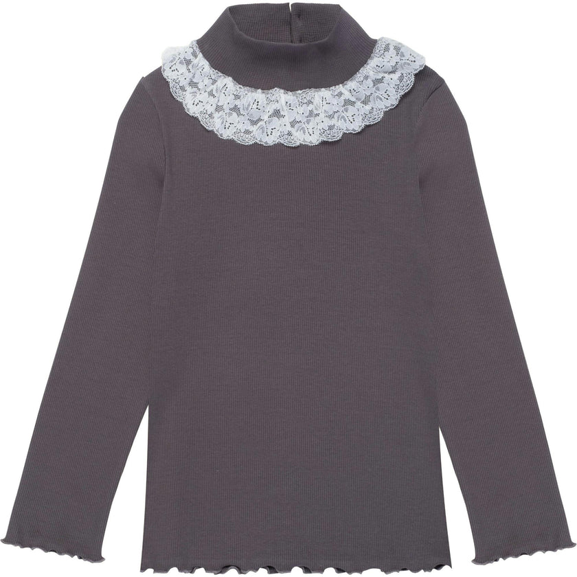 Ribbed Mock Neck with Lace Collar in Midnight Slate