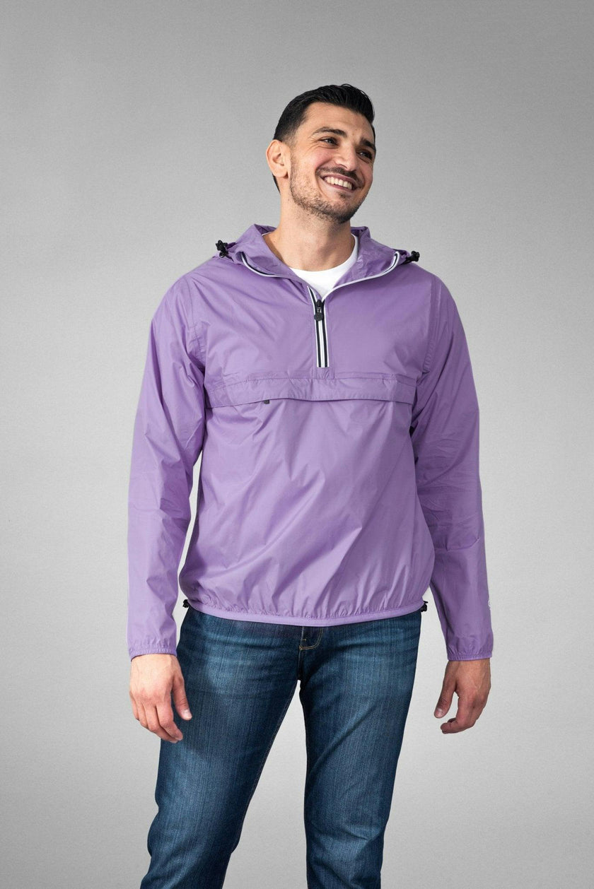 Light purple quarter zip packable rain jacket and windbreaker
