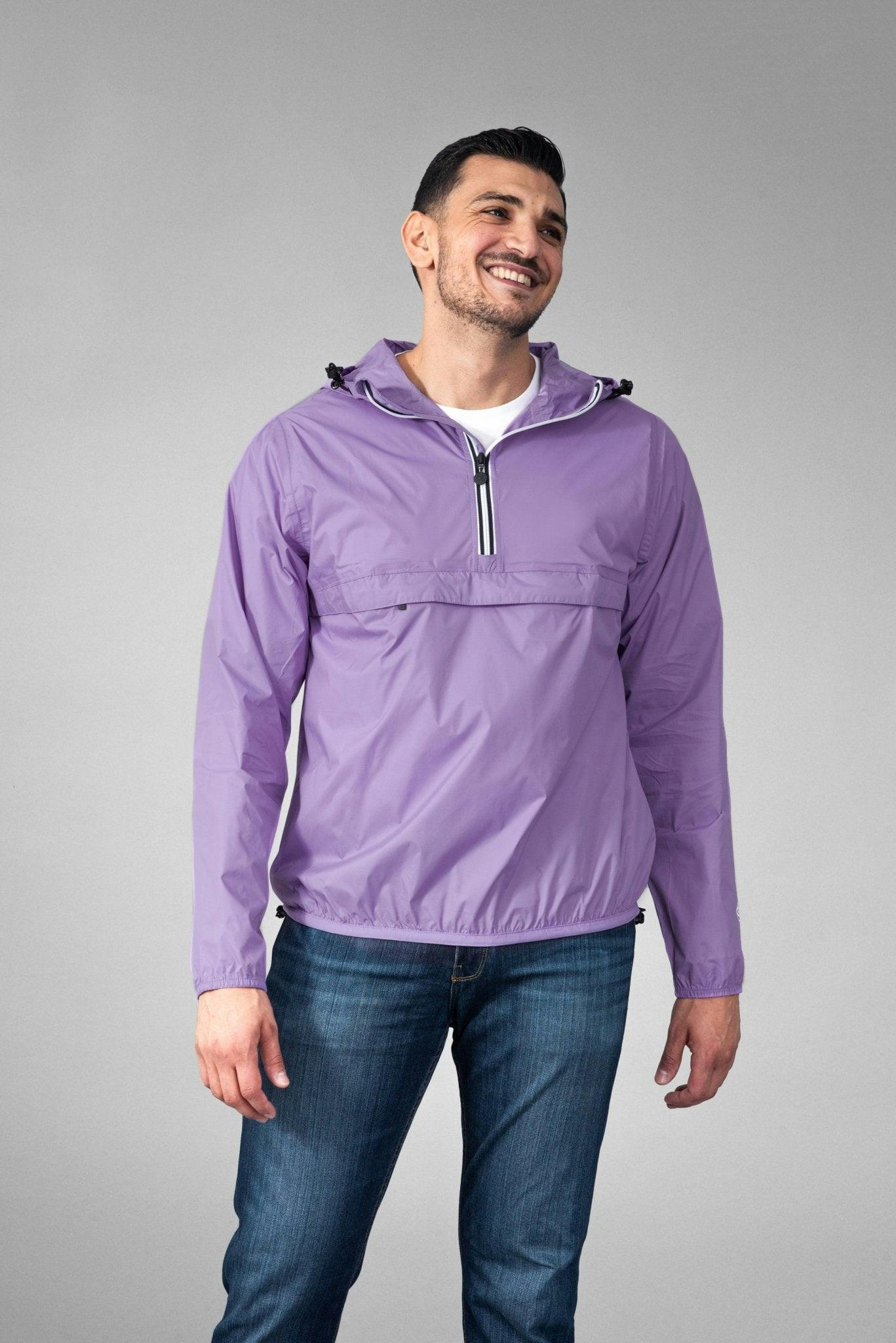 Light purple quarter zip packable rain jacket and windbreaker