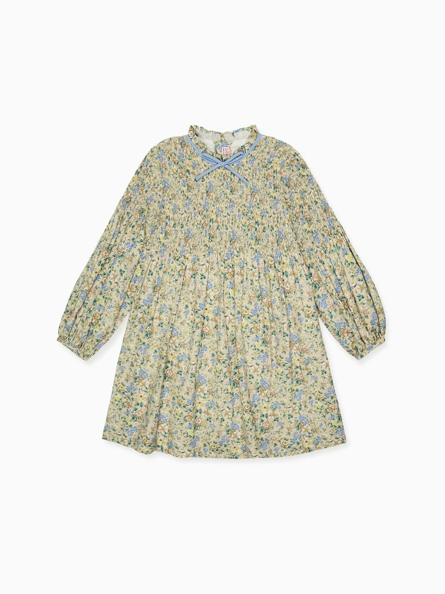 Beige Floral Raya Girl Hand-Smocked Dress