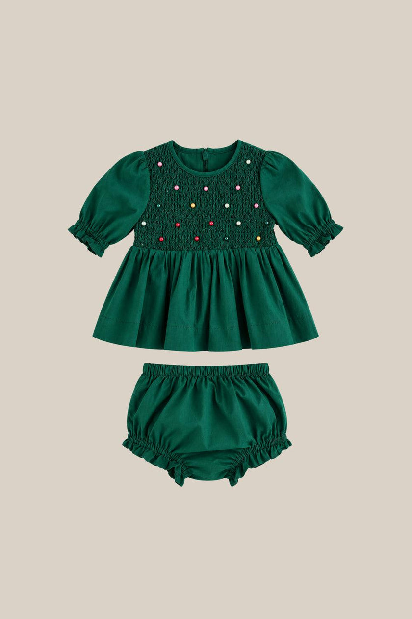 Baby Christmas Tree Dress Set in Emerald
